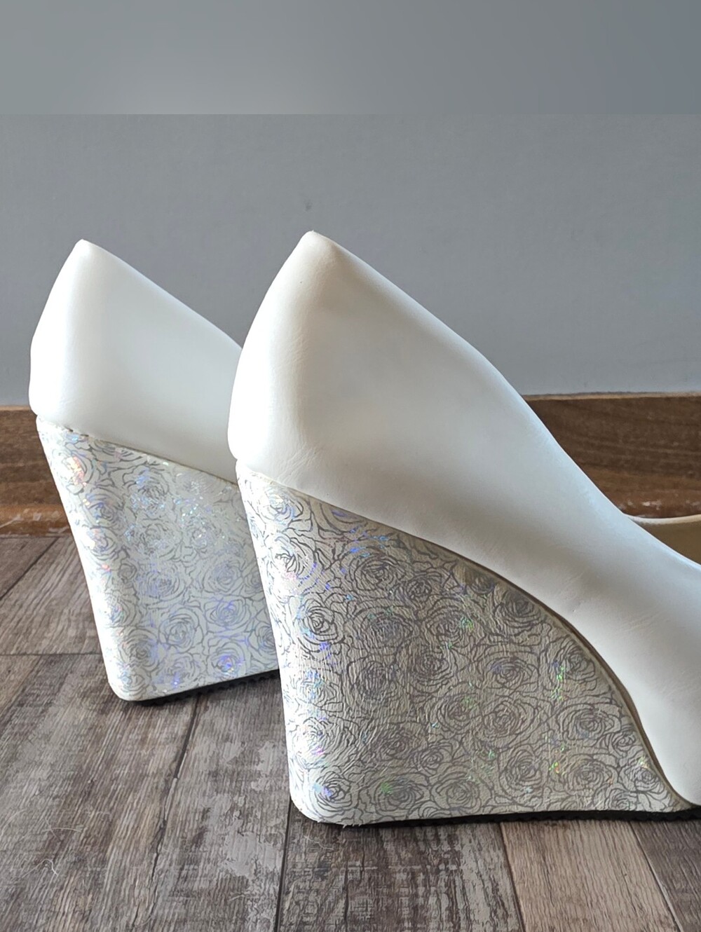 White Women's Wedge Heels with Iridescent Floral Detail